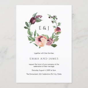 Waterverf Burgundy Blush Floral Wreath Wedding Kaart