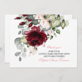 Waterverf Burgundy Blush Flowers Baby shower Bedankkaart (Voorkant / Achterkant)