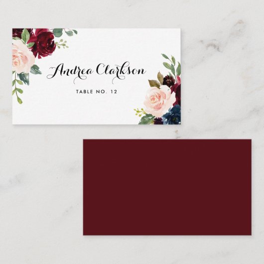 Waterverf Burgundy en Blue Floral Bouquet Plaatskaartje (Voorkant / Achterkant)