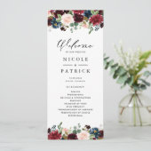 Waterverf Burgundy en Blue Flowers Wedding Programma (Staand voorkant)