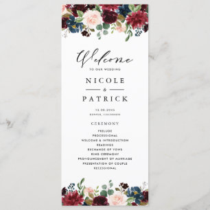 Waterverf Burgundy en Blue Flowers Wedding Programma