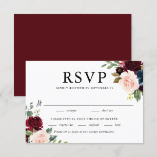 Waterverf Burgundy en Blue Flowers Wedding RSVP Kaartje