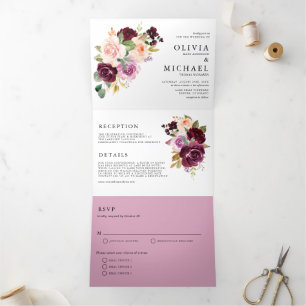 Waterverf Burgundy en Blush Florals Fall Wedding Drieluik Uitnodiging