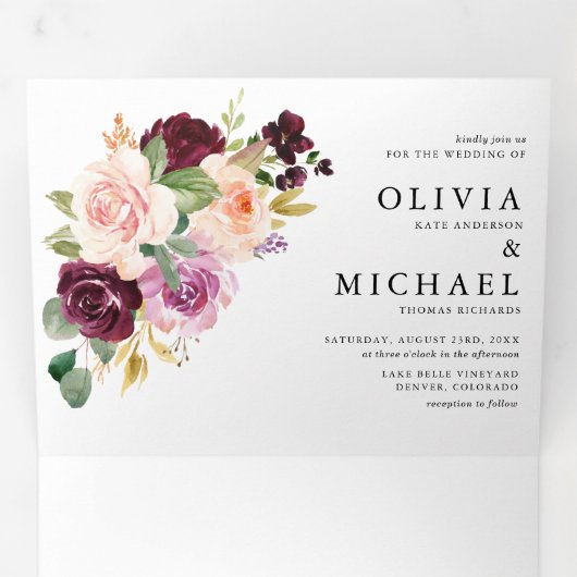 Waterverf Burgundy en Blush Florals Fall Wedding Drieluik Uitnodiging (Binnenzijde eerst)