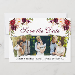 Waterverf Burgundy Floral 3 Foto's Save The Date