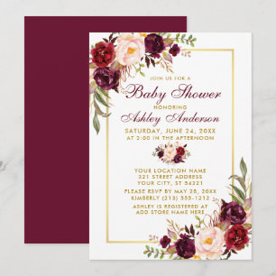 Waterverf Burgundy Floral Baby shower Gold Kaart