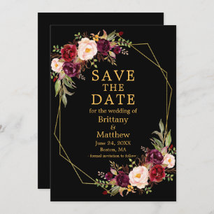 Waterverf Burgundy Floral Black Gold Geo Lijst Save The Date