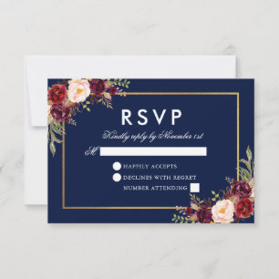 Waterverf Burgundy Floral Blue Gold RSVP Kaartje