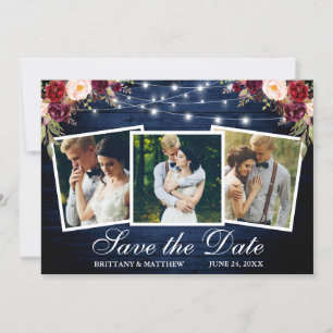 Waterverf Burgundy Floral Blue Wood 3 Foto Save The Date