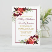 Waterverf Burgundy Floral Boho Wedding Gold BW Kaart (Staand voorkant)