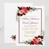 Waterverf Burgundy Floral Boho Wedding Gold BW Kaart (Voorkant / Achterkant)
