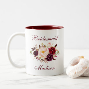 Waterverf Burgundy Floral Bridesmaid Tweekleurige Koffiemok