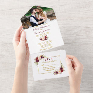 Waterverf Burgundy Floral Foto Weddenschap Gold All In One Uitnodiging