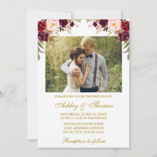 Waterverf Burgundy Floral Foto Weddenschap Gold Kaart