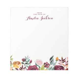 Waterverf Burgundy Floral - Gepersonaliseerde schr Notitieblok