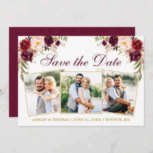 Waterverf Burgundy Floral Gold 3 Foto Save The Date