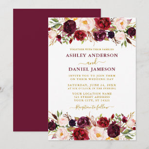 Waterverf Burgundy Floral Gold Modern Wedding Kaart
