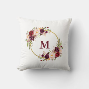 Waterverf Burgundy Floral Gold Monogram Kussen