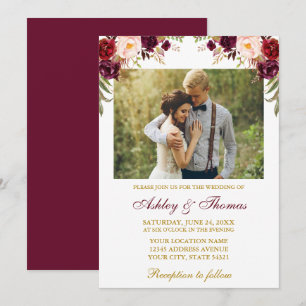 Waterverf Burgundy Floral Gold Photo Wedding Kaart