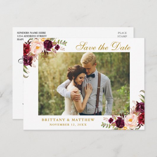Waterverf Burgundy Floral Gold Save the Date Aankondigingskaart (Voorkant / Achterkant)