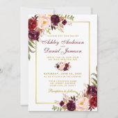 Waterverf Burgundy Floral Gold Wedding Kaart (Voorkant)