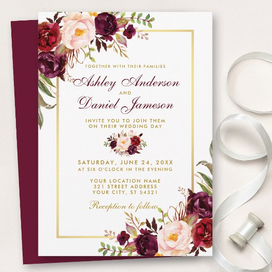 Waterverf Burgundy Floral Gold Wedding Kaart