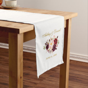 Waterverf Burgundy Floral Gold Wedding Medium Tafelloper