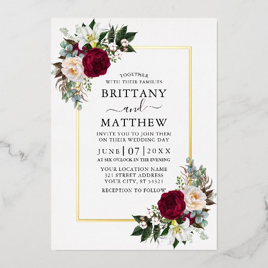 Waterverf Burgundy Floral Greenery Wedding Gold Folie Uitnodiging (Voorkant)