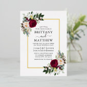 Waterverf Burgundy Floral Greenery Wedding Gold Folie Uitnodiging (Staand Voorkant)