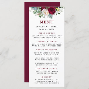 Waterverf Burgundy Floral Greenery Wedding Menu