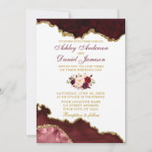 Waterverf Burgundy Floral Marble Geode Wedding Kaart (Voorkant)