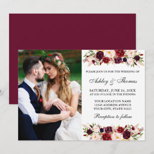Waterverf Burgundy Floral Photo Wedding Kaart