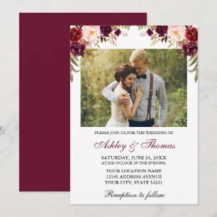 Waterverf Burgundy Floral Photo Wedding Kaart