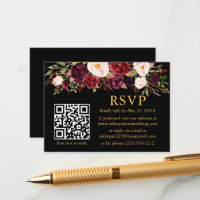 Waterverf Burgundy Floral QR Wedding RSVP Black