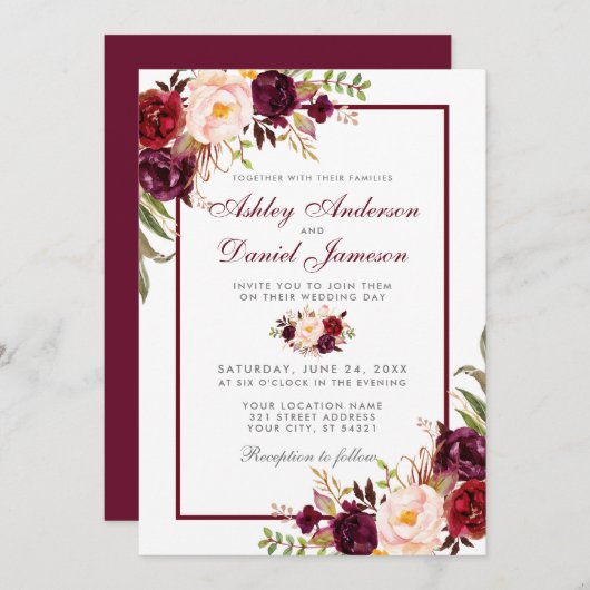 Waterverf Burgundy Floral Silver Wedding Kaart (Voorkant / Achterkant)