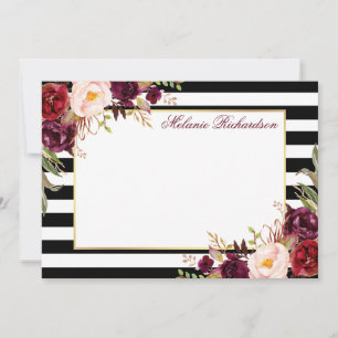 Waterverf Burgundy Floral Striped Elegant Notitiekaartje