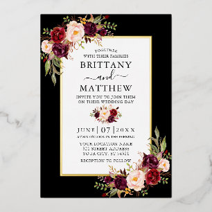 Waterverf Burgundy Floral Wedding Black Gold Folie Uitnodiging