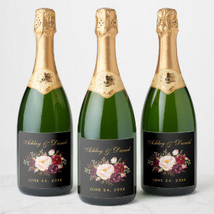 Waterverf Burgundy Floral Wedding Black Gold Sparkling Wijnetiket
