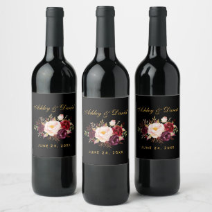 Waterverf Burgundy Floral Wedding Black Gold Wijn Etiket