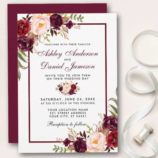 Waterverf Burgundy Floral Wedding Kaart