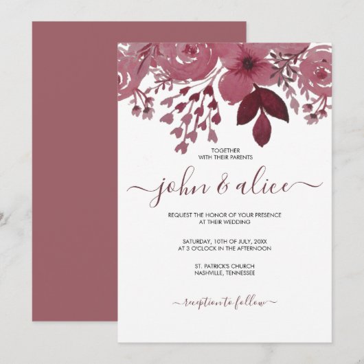 Waterverf Burgundy Floral Wedding Kaart (Voorkant / Achterkant)