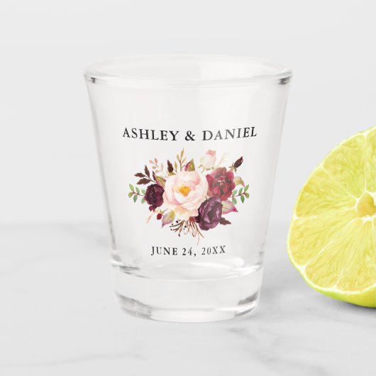 Waterverf Burgundy Floral Wedding Shot Glas (Voorkant)