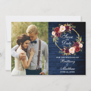 Waterverf Burgundy Floral Wreath Blue Wood Save The Date