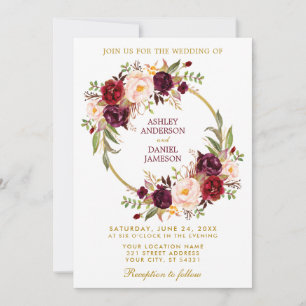 Waterverf Burgundy Floral Wreath Gold Wedding Kaart