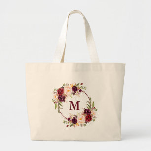 Waterverf Burgundy Floral Wreath Monogram Grote Tote Bag