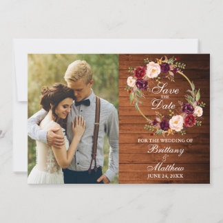 Waterverf Burgundy Floral Wreath Rustic Wood Save The Date