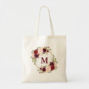 Waterverf Burgundy Floral Wreator Monogram Gold Tote Bag