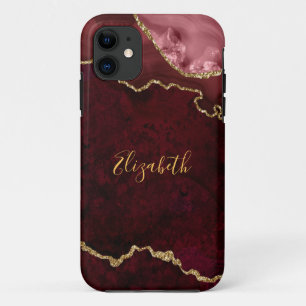 Waterverf Burgundy Gold Marble Agate Geode iPhone 11 Hoesje