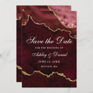 Waterverf Burgundy Gold Marble Agate Geode Save The Date