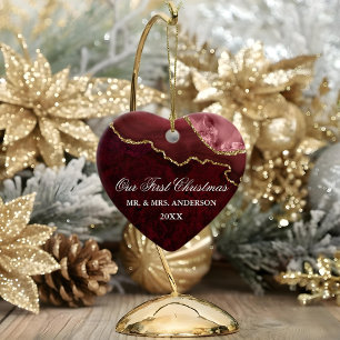 Waterverf Burgundy Marble Geode Wedding Heart Keramisch Ornament